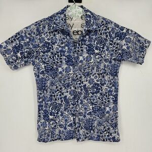 Hilo Hattie Shirt Mens Large Button Up Floral Aloha Hawaiian Blue Vintage